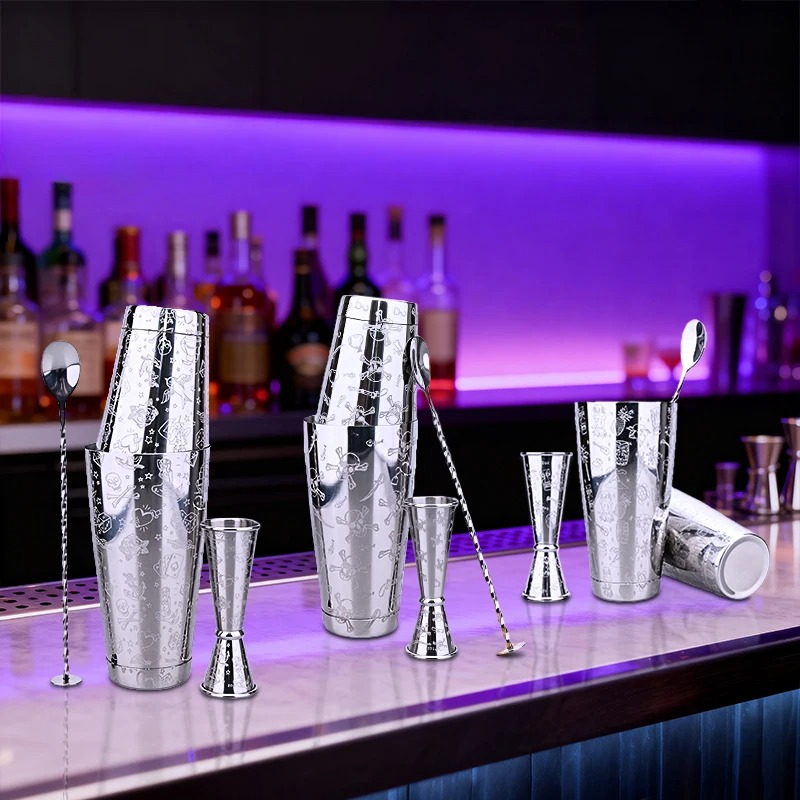Unique Etched Stainless Steel Boston Cocktail Shaker Set