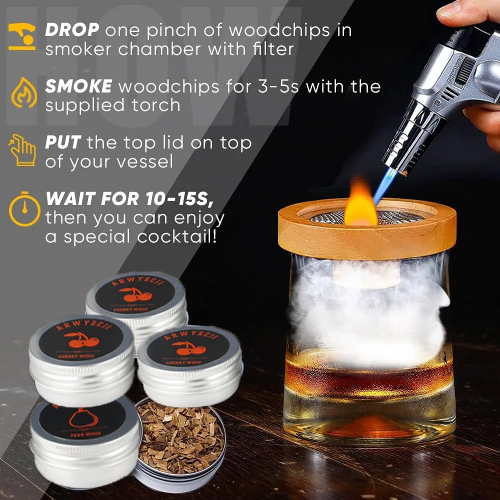 Cocktail Smoker Kit with 4 Natural Wood Flavors for Whiskey - Image 7
