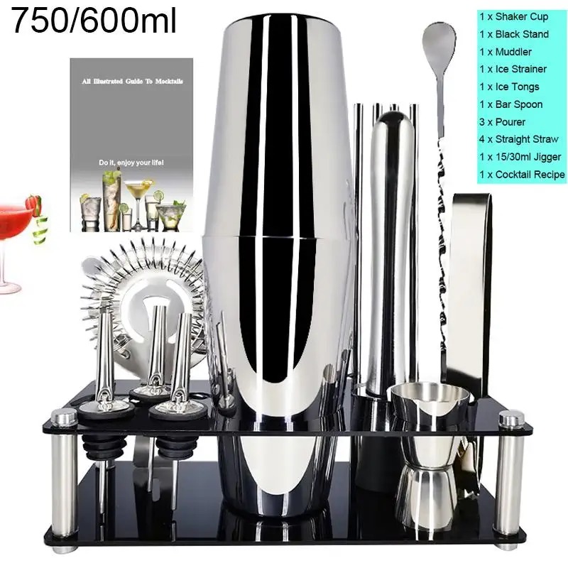 13 Piece Stainless Steel Cocktail Shaker Set with Black Stand - Image 3