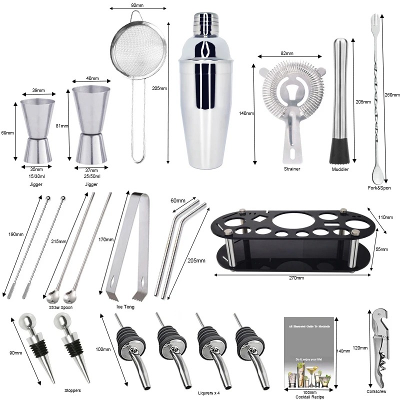 Bartender Cocktail Shaker Set with Holder, Stainless Steel - Image 3
