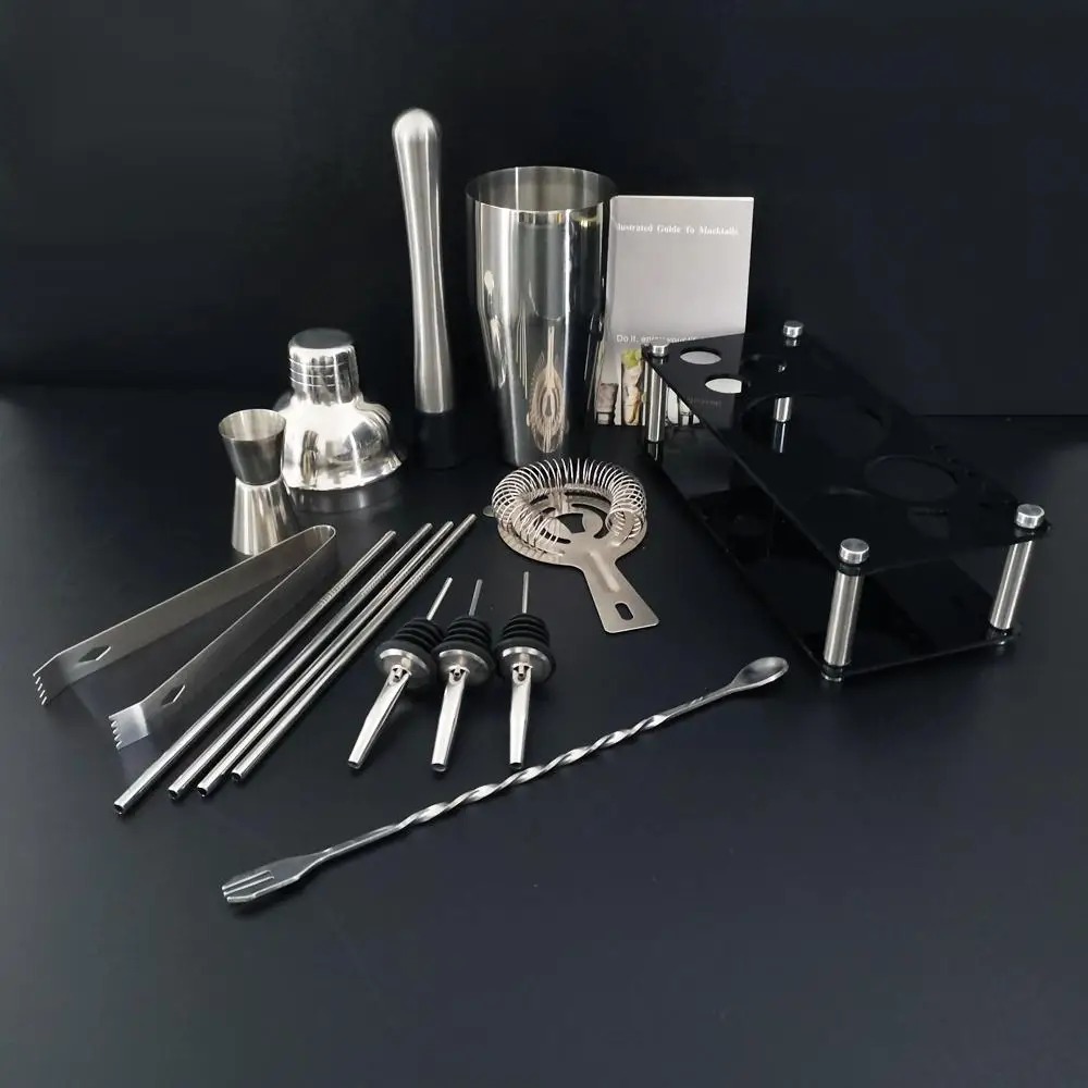 13 Piece Stainless Steel Cocktail Shaker Set with Black Stand - Image 4