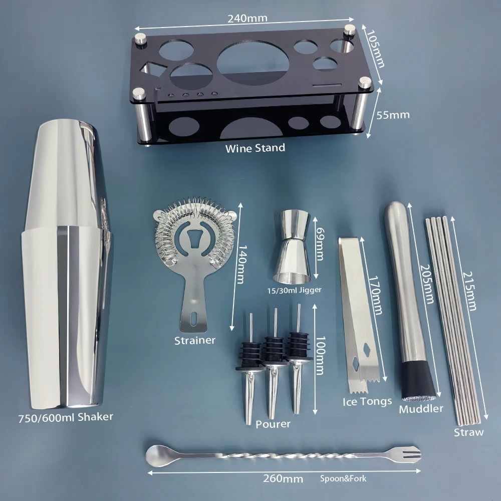 Bartender Cocktail Shaker Set with Holder, Stainless Steel - Image 2