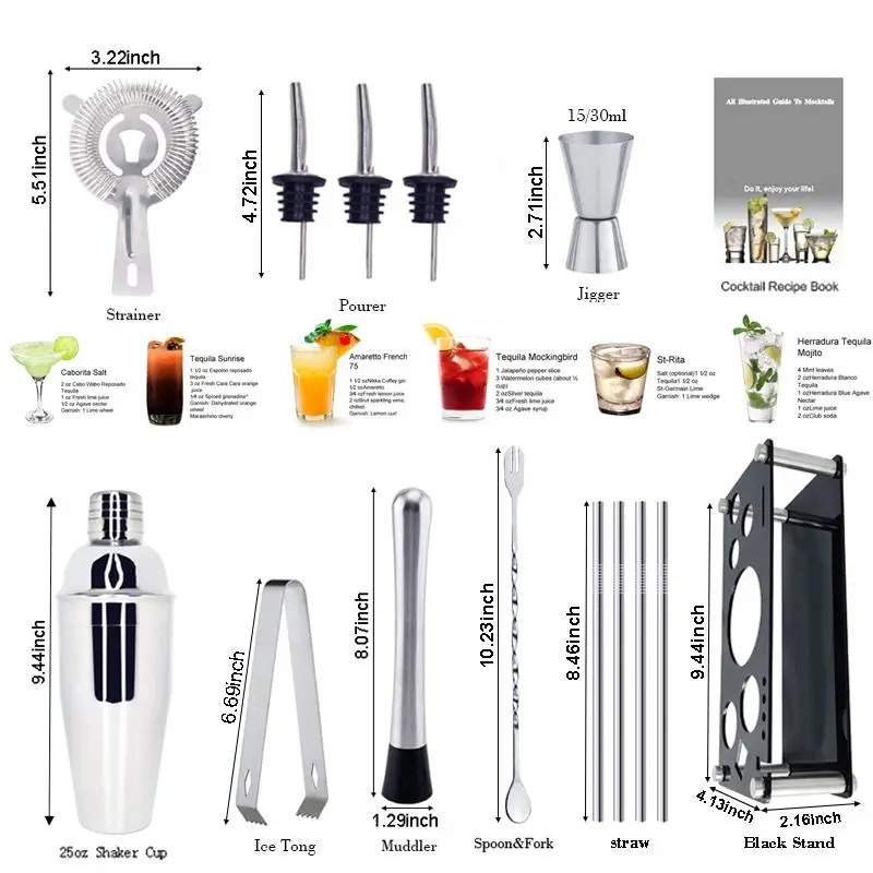 13 Piece Stainless Steel Cocktail Shaker Set with Black Stand - Image 7
