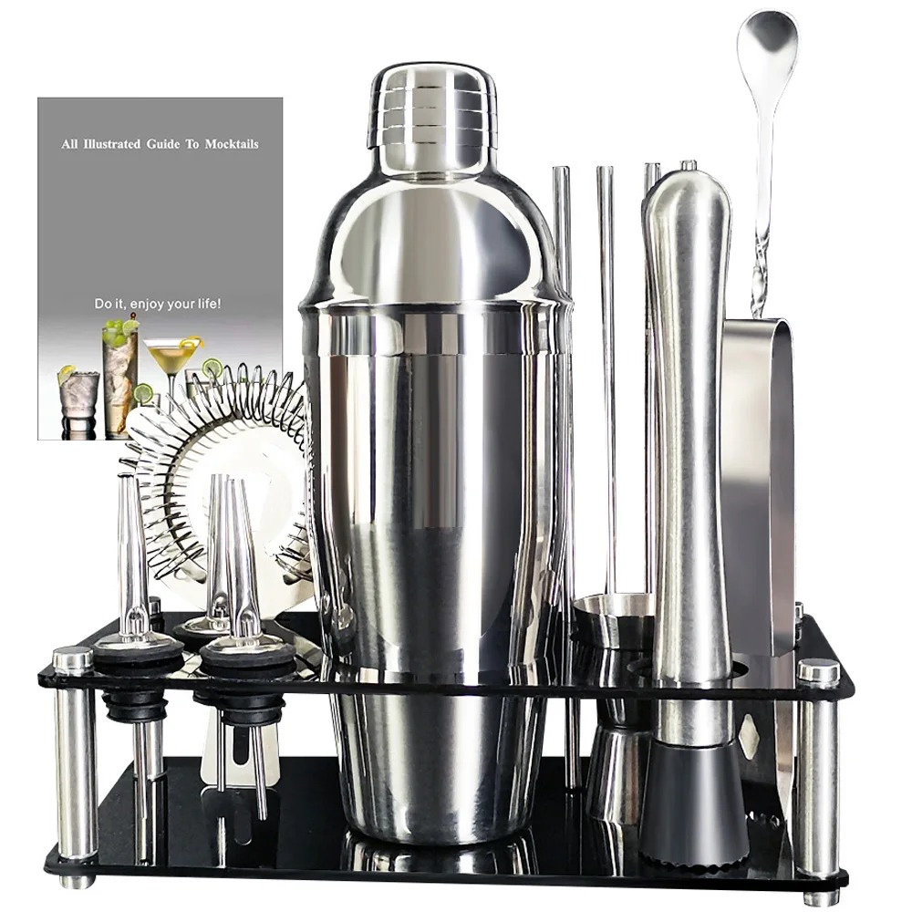 13 Piece Stainless Steel Cocktail Shaker Set with Black Stand
